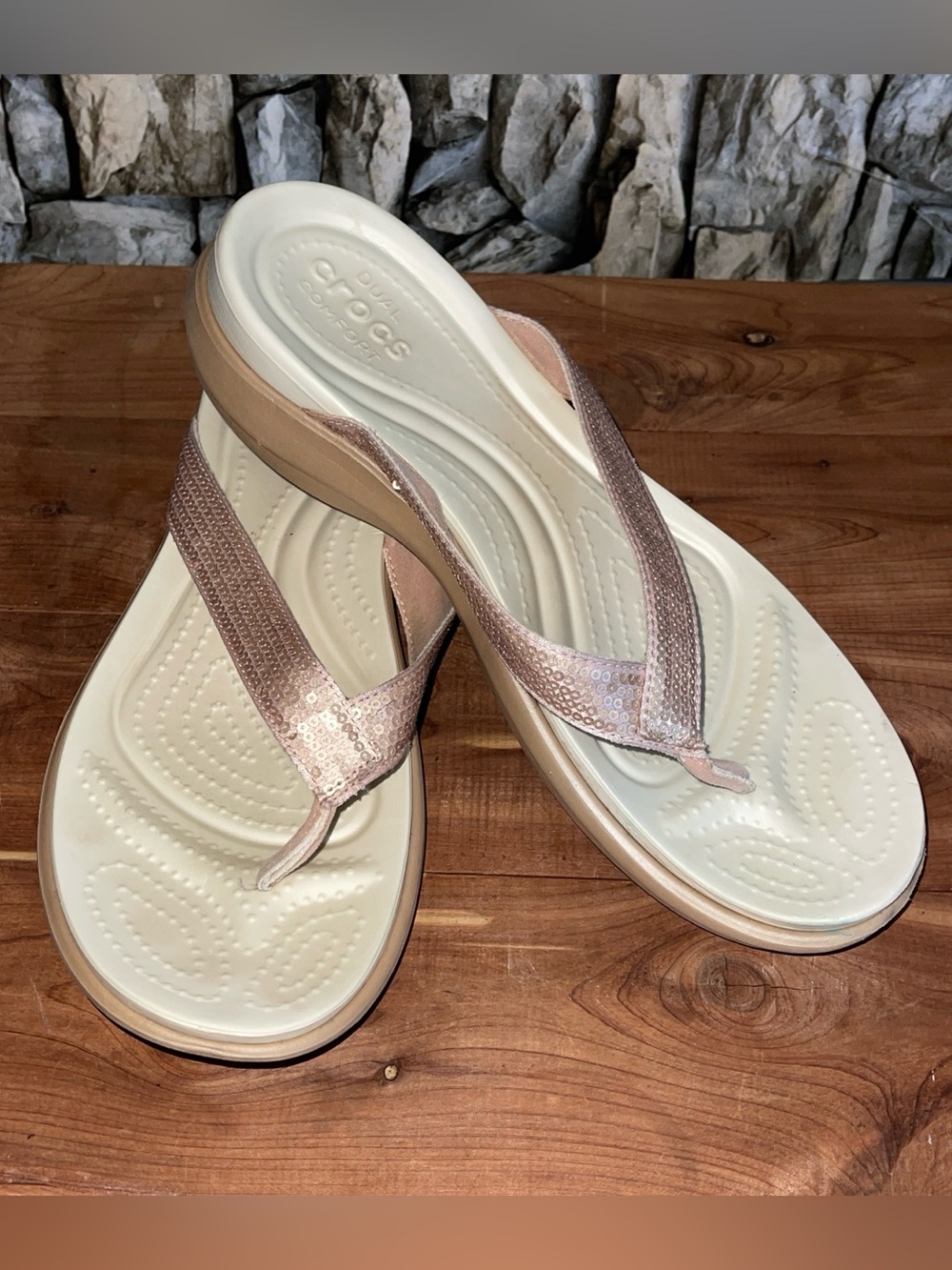 Crocs Women's Rose Gold Sequin Wedge Flip Flops Size 11